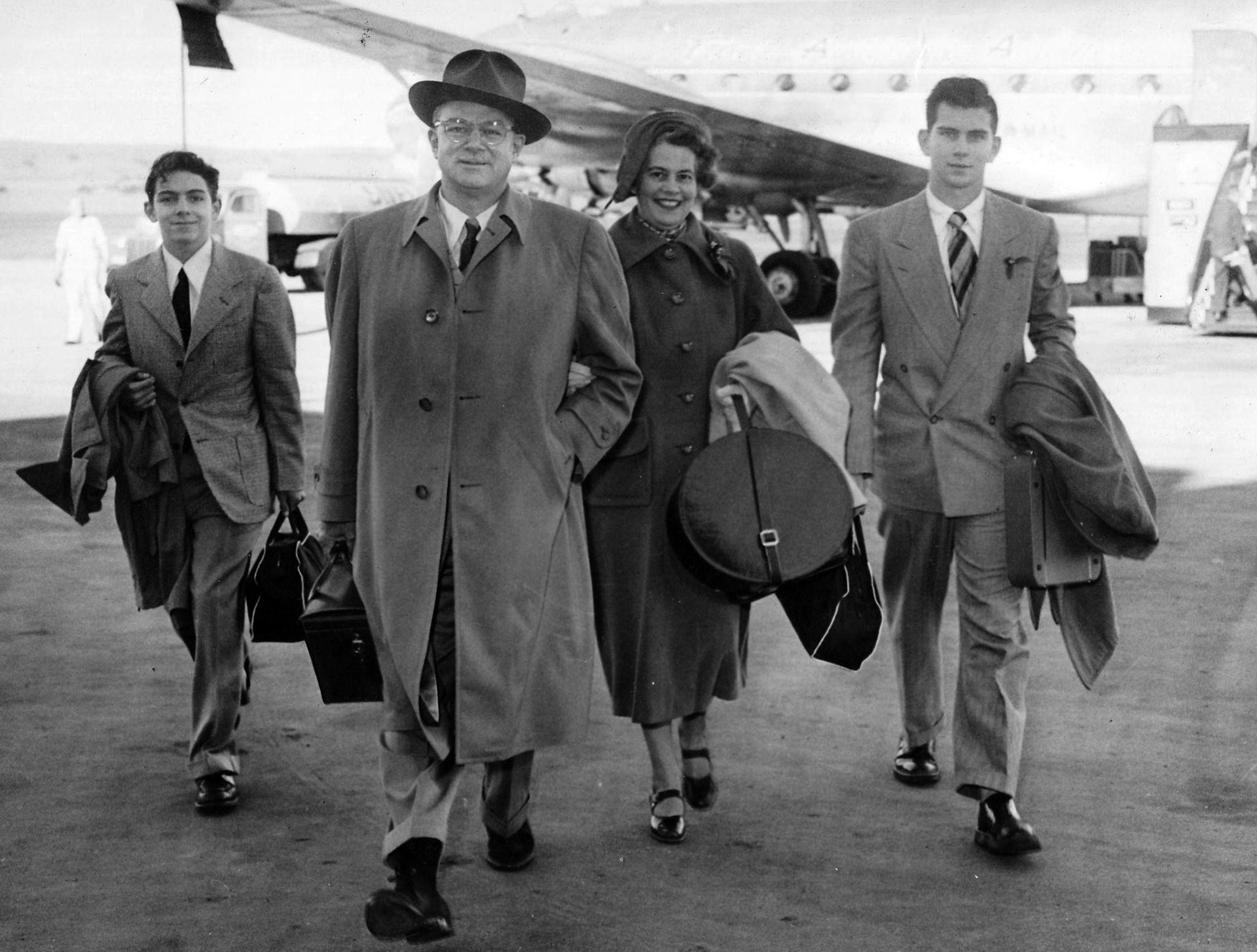 The Bedell family arrived in Sydney in 1950 Left to right: Jeff (son), Clyde, Florence (wife), and Barry (son)